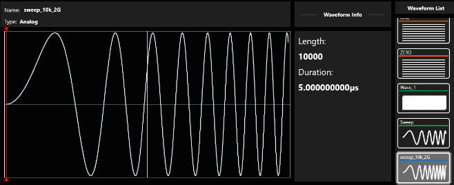 Waveform Info for the imported sweep_10k_2G waveform showing 10000 samples and a 5 microsecond duration
