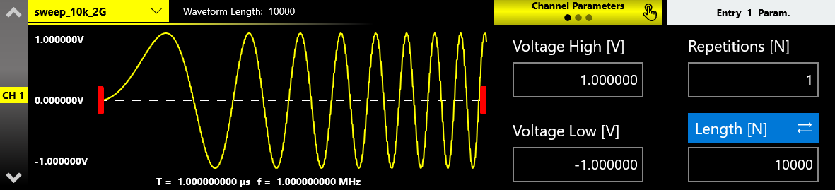 CH1 sweep_10k_2G in the sequencer with an entry Length of 10000 and Voltage High and Low parameters