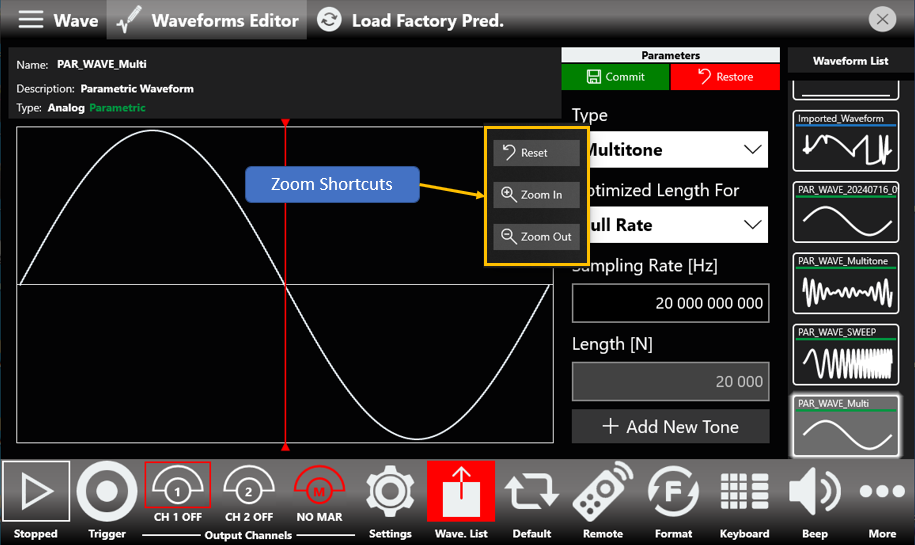 Zoom shortcut menu offering Reset, Zoom In and Zoom Out options.