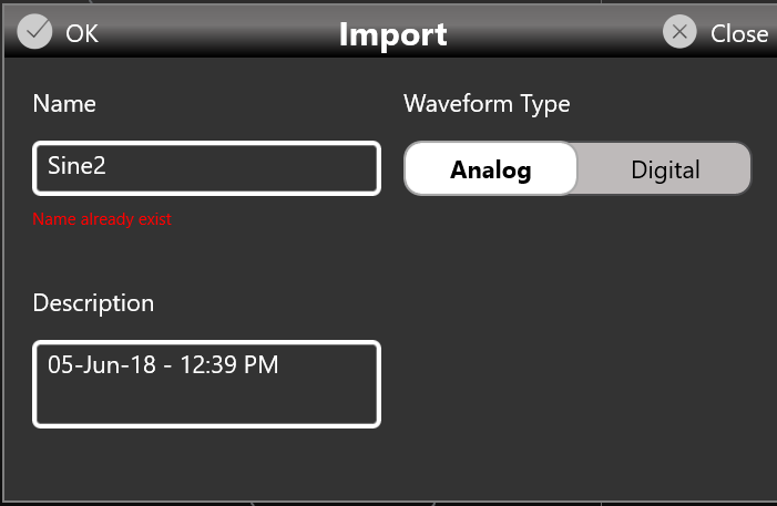 Import dialog with Name field, Description field and an Analog/Digital Waveform Type toggle.