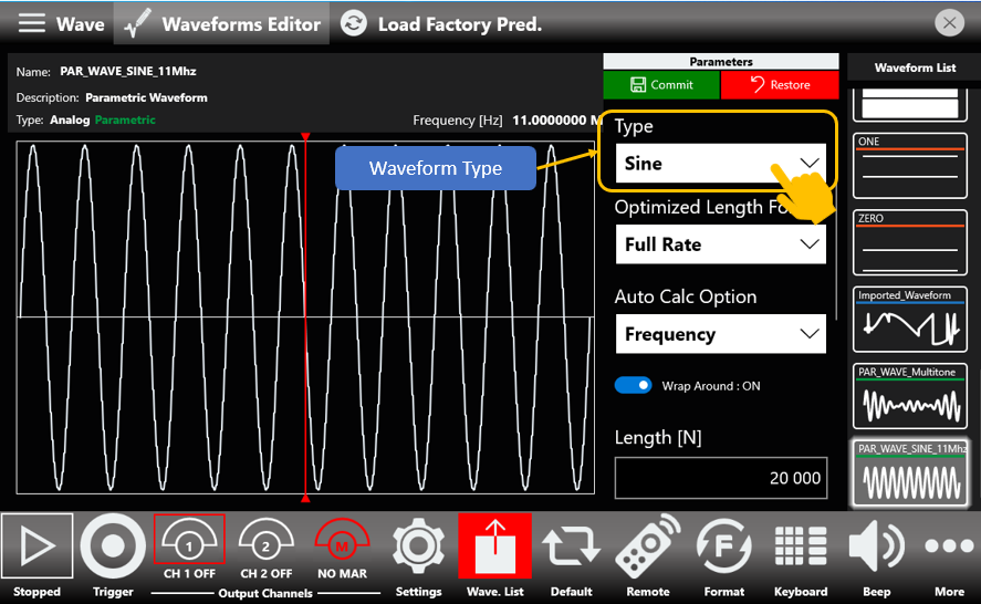 Parametric waveform editor showing the Type drop-down menu set to Sine.