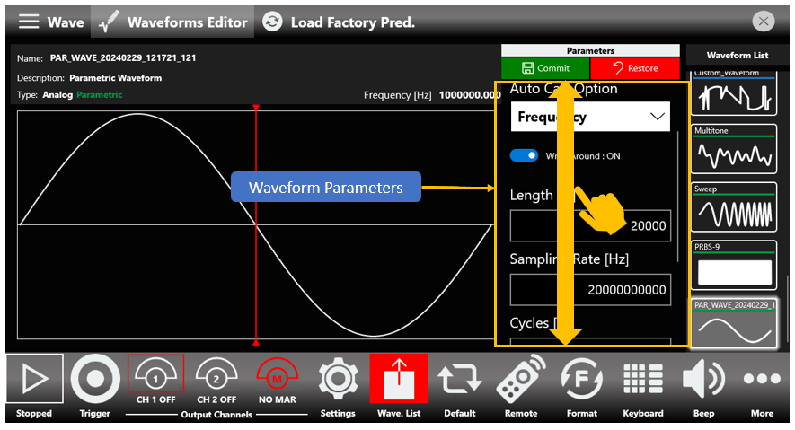 Waveform Parameters area scrolled to reveal Auto Calc Option, Wrap Around, Length, Sampling Rate and Cycles fields.
