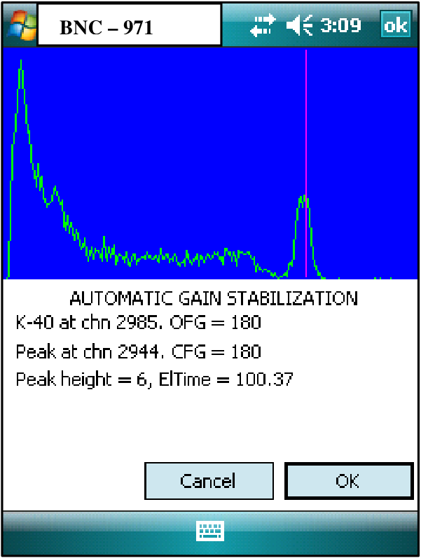 Automatic Gain Stabilization screen showing the K-40 spectrum with the expected channel, OFG, current peak channel and fine gain, peak height, and elapsed time.