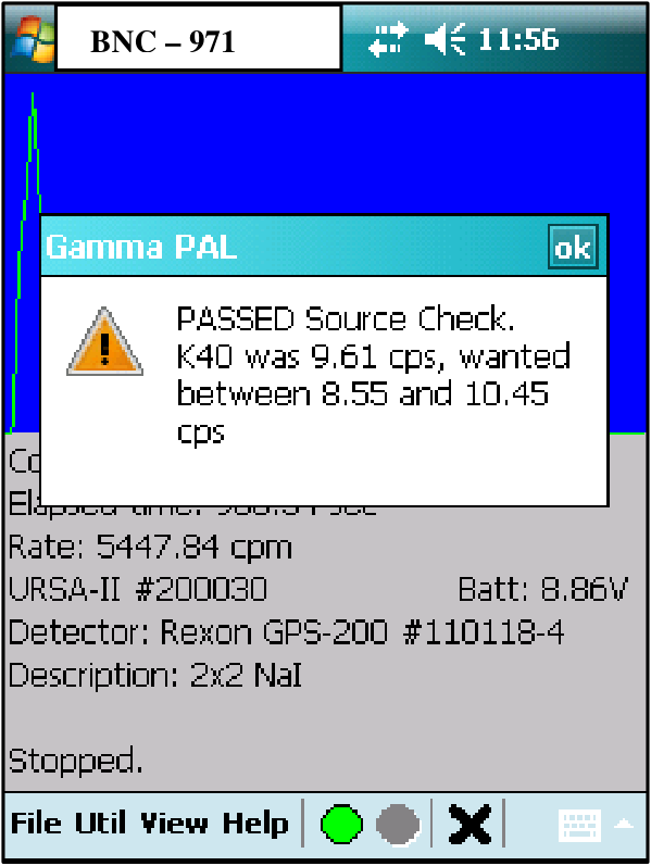Source check pop-up reading PASSED Source Check, with the observed count rate and the acceptance limits.