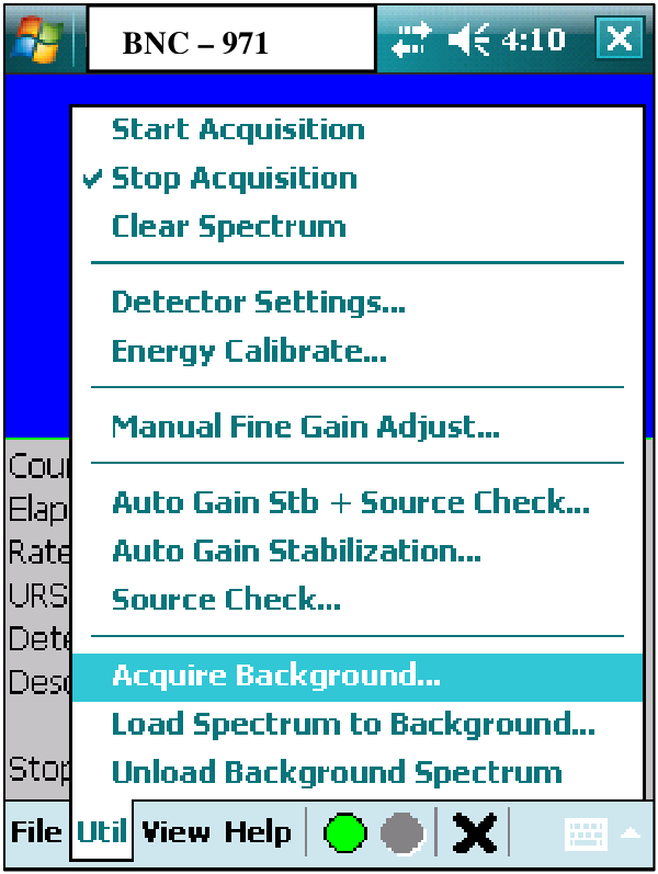 Util menu open with the Acquire Background item highlighted.