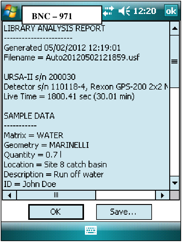 Library Analysis Report screen listing the generated time, filename, detector, live time, and sample data, with OK and Save buttons.