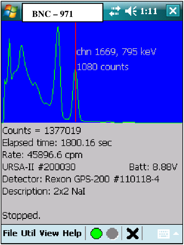 Main Screen showing the blue Spectrum Display, the gray instrument and sample information area, and the menu and button bar.