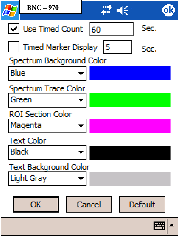Preferences screen with Use Timed Count, Timed Marker Display, and color dropdowns for the spectrum background, trace, ROI, and text.