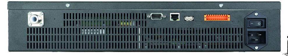 PVP-Series rear panel: HV connector, RS232, Ethernet, USB, I/O terminal block, AC inlet, power switch